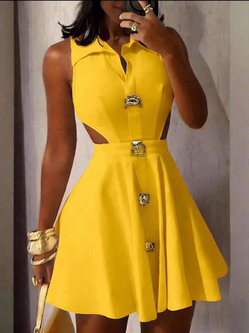 Yellow Cutout Button-Front Fit & Flare Dress
